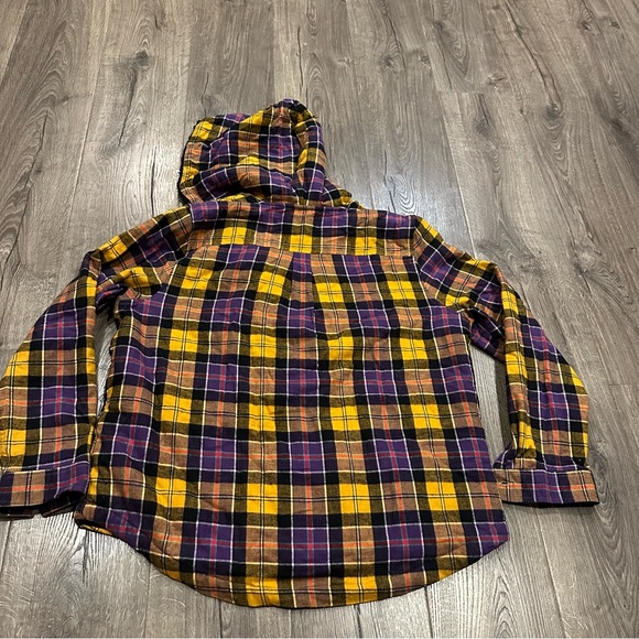LL Bean Women's Large Shacket Scotch Plaid Fleece Lined Hoodie Purple Flannel - Picture 8 of 12
